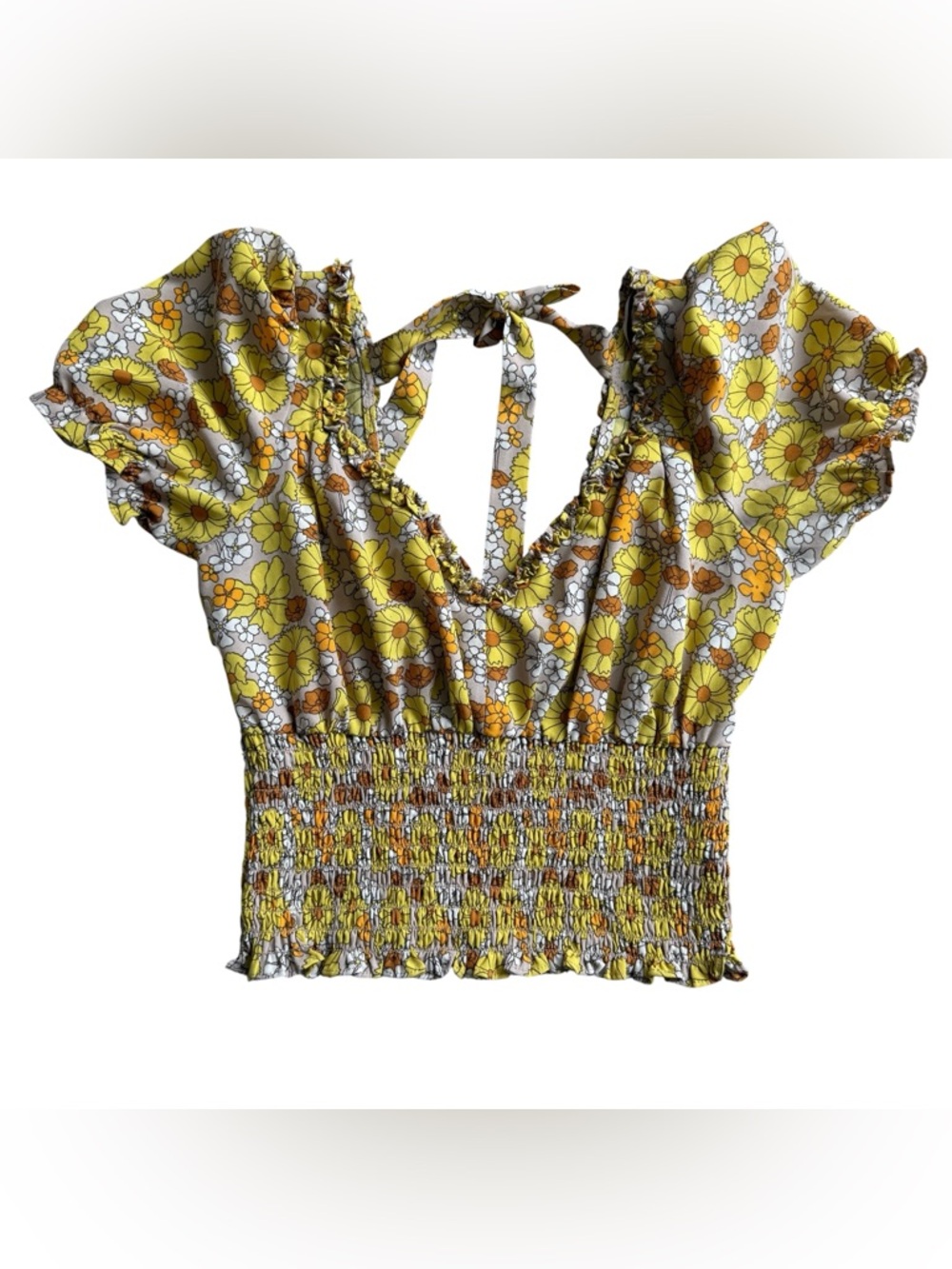 Milk & Honey Floral Smocked Top Women M Yellow Cottagecore Puff Sleeve Boho Crop